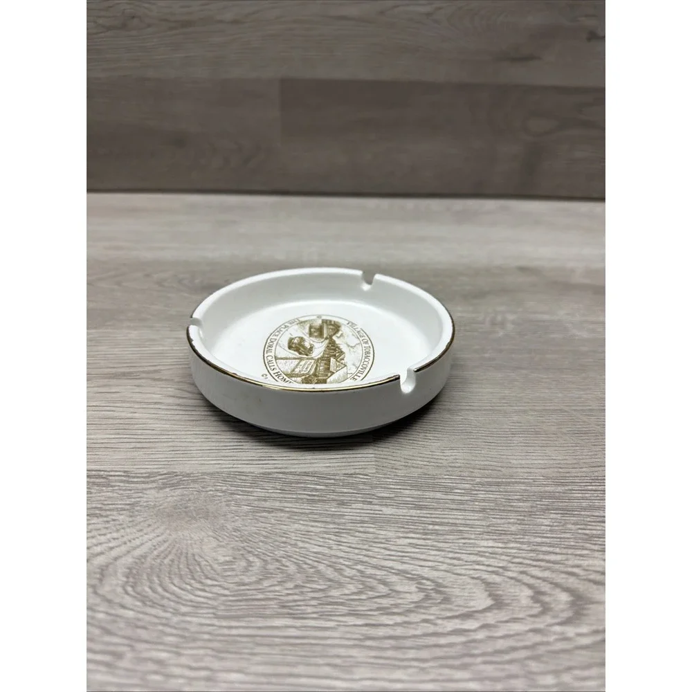 VTG Antique White‎ Porcelain Ashtray W/Gold Trim 